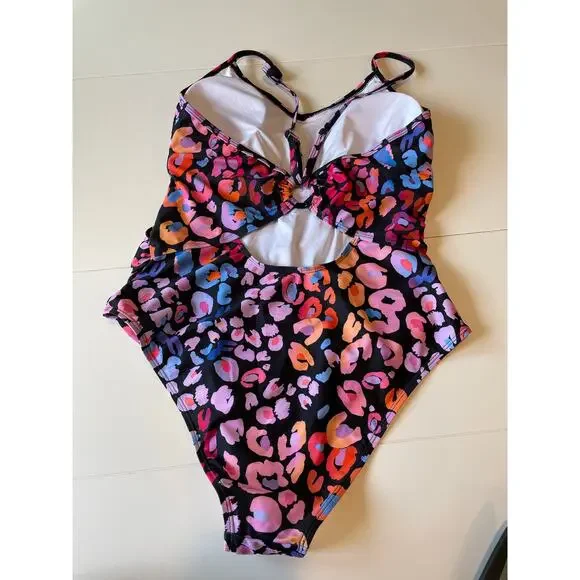 Cupshe One Piece Swimsuit NWOT Sz L Multicolored Leopard Print O Ring Cutout - Picture 9 of 14